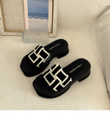 And White Plaid Slippers Women Wear 2023 Summer Korean One-Line Flat Beach Shoes Cool Women's