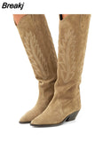 Women's High Boots Nude Black Suede Embroidered Knee High Boots Women Sexy Pointed Toe Spike Kitten Heels Knight