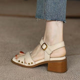 Breakj Summer New Retro French Coarse Sandals Female Exposed Toe Soft Leather Heel Cross Roman