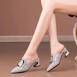 Breakj Side Buckle Coarse Heel Baotou Cool Slippers Lady Wears Fashion Slippers Heel Sandals Half-Dragging
