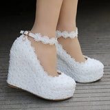 Breakj Lace Wedding Shoes Slope Heel Single Shoes Buckle With Slope Heel Shoes Waterproof Table Large Size