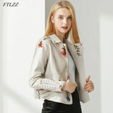 New Autumn Women Floral Print Embroidery Pu Faux Leather Jacket Streetwear Punk Style Biker Turn Down Collar Black