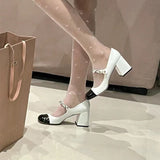 Breakj New Round Head High Heel Single Shoes JK Sweet Mary Treasure Shoes Coarse Heel Pearl Buckle Large Size Women's