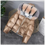 Winter Jacket White Duck Down Parkas Women Gold Silver Double Side Coat Big Aritificial Fur Hooded Female Down