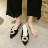 Breakj 2024 New Women's Shoes Korean Diamond Round Buckle Head Half Pointed Tip Low Heel Sandals Large