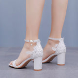 Breakj Cm Thick Heel Shallow Mouth With Sandals Round Head Fish Mouth Flowers Nails High Heel Sandals White Wedding