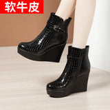 Leather Slope Heel Women's Thick Soles 2023 Autumn And Winter New Style Soft Leather Waterproof Platform High-Heeled Short-Sleeve Women's Martin