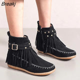 Zipper Flat Heels Spring Metal Rivet Vintage Cowboy Shoes Tassel Boots Women Faux Suede Ankle Boots