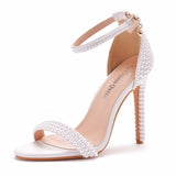 Breakj Heel Sandals White Buckle Shoes Fine Heel Fish Mouth Roman Sandals White Pearl
