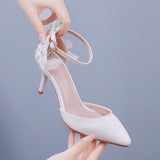 Breakj Lace Flower Wedding Shoes One-Word Wristband Bridal Shoes Fine Heel Sharp Wedding Shoes Women Sandals Car Show