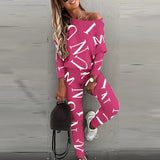 Sportswear Women Fashion Casual Solid Fit One Shoulder Top Long Pants Set Long Sleeve Top & High Waist Drawstring Pants