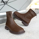 Women's Boots 2023 New Leather British Style Brown Short Boots Flat Soled Plush Elastic Boots Cowhide Thin Boots Demonia
