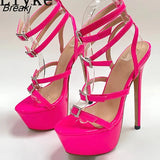 Model Catwalk Sexy Thin High Heels Women Fashion Rhinestone Buckle Open Toe Ankle Strap Platform Sandals Shoes