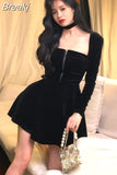 Vintage Velvet Midi Dress Woman Black Elegant Evening Party Dress Casual One Piece Dress Korean Fashion 2023 Autumn