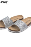 2023 New Summer Bling Sequin Cork Slipper Women Casual Outside Beach Solid Color Flip Flops Slides