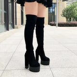 Long Boots Suede 14Cm High Heel Womens Boots Waterproof Platform Square Heel High Tube Boots Sexy Stretch