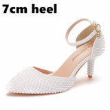 Breakj Cm White Pearl Tip-Pointed High-Heeled Sandals Fine Heel Size High Heeled Sandals Female Wedding Shoes
