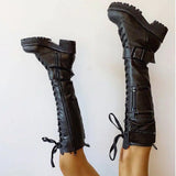 Design High Quality Female Motorcycle Boots Square Heel Lace-Up Narrow Band Winter Cool Street Women Knee High Boots
