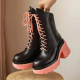 2021 New Genuine Boots Lace Up Platform Square High Heels Thick Sole Office Dress Shoes Woman Mid Calf Botas De