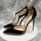Summer Women T-Strap Pointy Toe High Heel Shoes Solid Glossy Black Sexy Ladies Formal Dress Stiletto Pumps