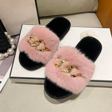 Chain Design Women Home Slippers Solid Color Open Toe Indoor Winter Flat Non-slip Leisure Interior Female Shoes