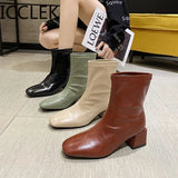 Solid Ankle Boots for Women Casual Block Heels Waterproof Boots Women Soft Leather Women's Ankle Boots Short Shoes