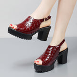 Breakj Mouth Patent Leather Crocodile High Heel Sandals Summer White Wedding Shoes Waterproof Table Thick Cheongsam Walking Shoes Coarse Heel Women's