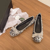 Silver Bow Patbud Dance Shoes Spring 2024 New Round Head Flashing Beads Thick Heel