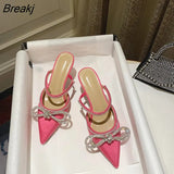 Temperament Commuter Pointed Shallow Mouth Rhinestone Bow Baotou Back Empty Sandals Slippers Stiletto High Heels