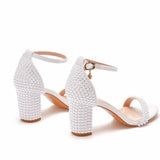 Breakj Cm Thick Heeled Shallow Word With Sandals Round Head Square Thick Heel Sandals White Pearl Sandals Wedding