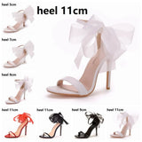 Queen Woman Sweet Bow Knot Elegant Ankle Strap Party Sandals Black Thin High Heels White Wedding Shoes Open