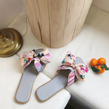 Breakj Ribbon Bow Flat And Flat-Bottomed Slippers Women Summer New Wear Broken Flowers One Word