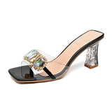 Slippers Women Wear 2024 New Square-Headed Crystal Thick Heels Transparent Sexy High-Heeled Shoes Temperamental