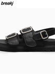Size 35-40 Sandals Women Open Toe Slingback Buckle Strap Real Leather Shoes Casual Outdoor Summer Female