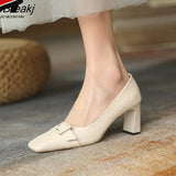 High Heel Single Shoes Apricot Retro Square Toe Leather Shoes Spring Autumn Chunky Heel Woman