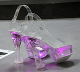 Color Square Heel Women Sandals Light Up Glowing Shoes Luminous Clear Sandals Platform Shoes High Heel 15cm Transparent