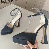 Fashion Brand Satin Platform Wedges Women Pumps Crystal Ankle Strap High Heels Spring Summer Female Casual Chunky