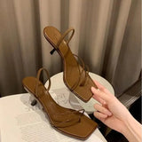 Summer New Leather Thin High Heels Slippers Women Slip On Square ToeFlip Flops Brand Sexy Slingback Party Sandals