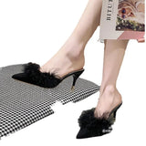 Large-Size High-Heeled Hairy Slippers Female Pointed Sexy Thin Fashion Shoes