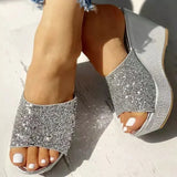gold silver Sequine Platform Slippers Women Wedge Slides Slippers Summer Beach Slippers Casual Mules Heels