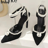 2023 New Sexy Mesh Pumps Sandals Female Pointed Toe White String Bead Ankle Strap High Heels Stiletto Dress Shoes