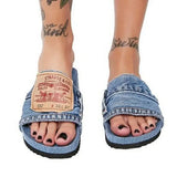 2023 Summer Outdoor Cowboy Ladies Sandal Beach Plain Colour Casual Flat-Heeled Fashion Jean Denim Letters Thick