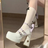 Korean Diamond Mary Jane Shoes Online Celebrity Round Head Black Thick Heels Retro Fashion French High
