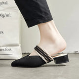 Women Slippers Spring Summer Weave Elastic Band Shoes Woman Mules Shoes Pointed Half Slippers Square Heel Outside