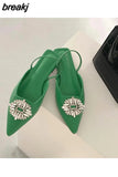 Brand Woman Sandals Luxury Crystal Slingback Flat Pointed Toe Mule Slip On Slide Rhinestone Vacation Shoes Big Size 41