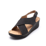Shose Summer 2021 Casual Leather Sandals Velcro Retro Sandalis Women Plus Size Hollow Wedges