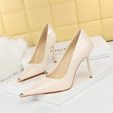 Breakj Sexy Skinny High Heels With Super High Heel Bright Painted Leather Shallow Metal Pointed Single