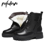 Fur Boots for Women Winter Shoes Black Leather Boots Plush Warm Ankle Booties Platform Chunky Botas Gothic Flat