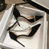 NEW Black High Heels Women's Thin Heel Hollow Pointed Single Shoes Sexy Baotou Button Water Drill