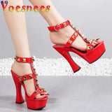 Rivet Women Slides Summer Pumps T-Belt Hollow Out Sexy Pole Dancing Shoes Thick Platform Models High Heels Sandals